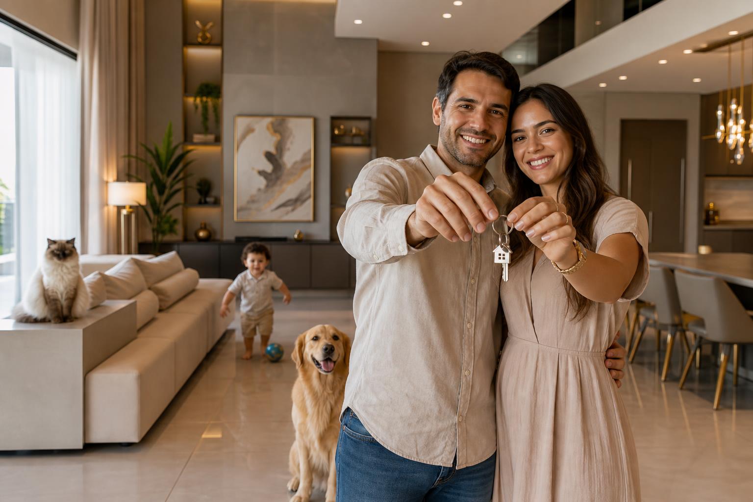 Família feliz recebendo as chaves de um novo imóvel em Joinville